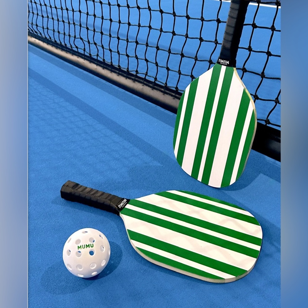 Show Me Your MuMu Pickleball Set - Striped Paddles, Ball, Mesh Carrying Bag